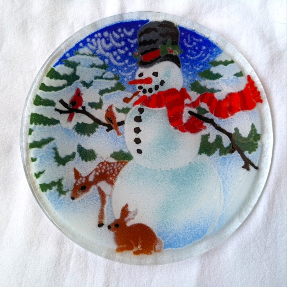 Peggy Karr PKG Winter Handmade Fused Art Glass Plate Discontinued